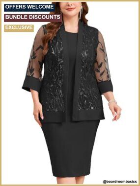Plus Size 2 Piece Formal Dress Set Sequin Leaf Jacket Midi Wedding Guest